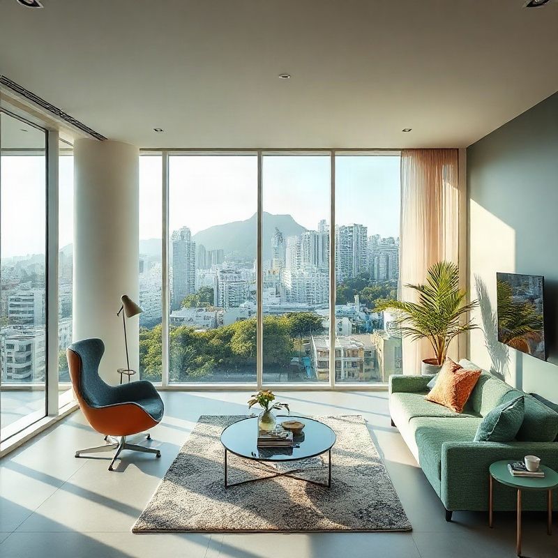 Interior claro de apartamento carioca com grandes janelas